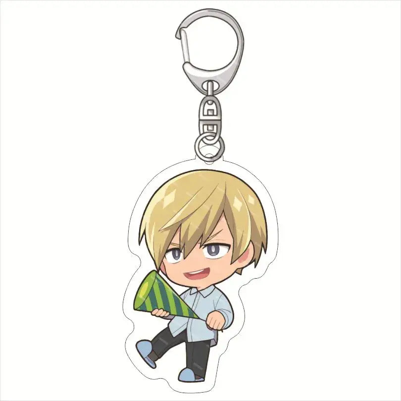 My hero academia deku acrylic keychain features a translucent charm with chibi blonde character holding a green striped cone