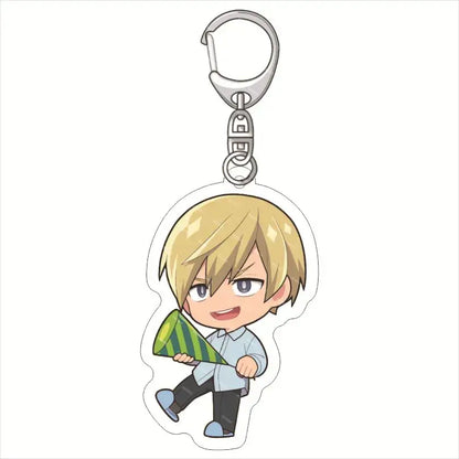My hero academia deku acrylic keychain features a translucent charm with chibi blonde character holding a green striped cone