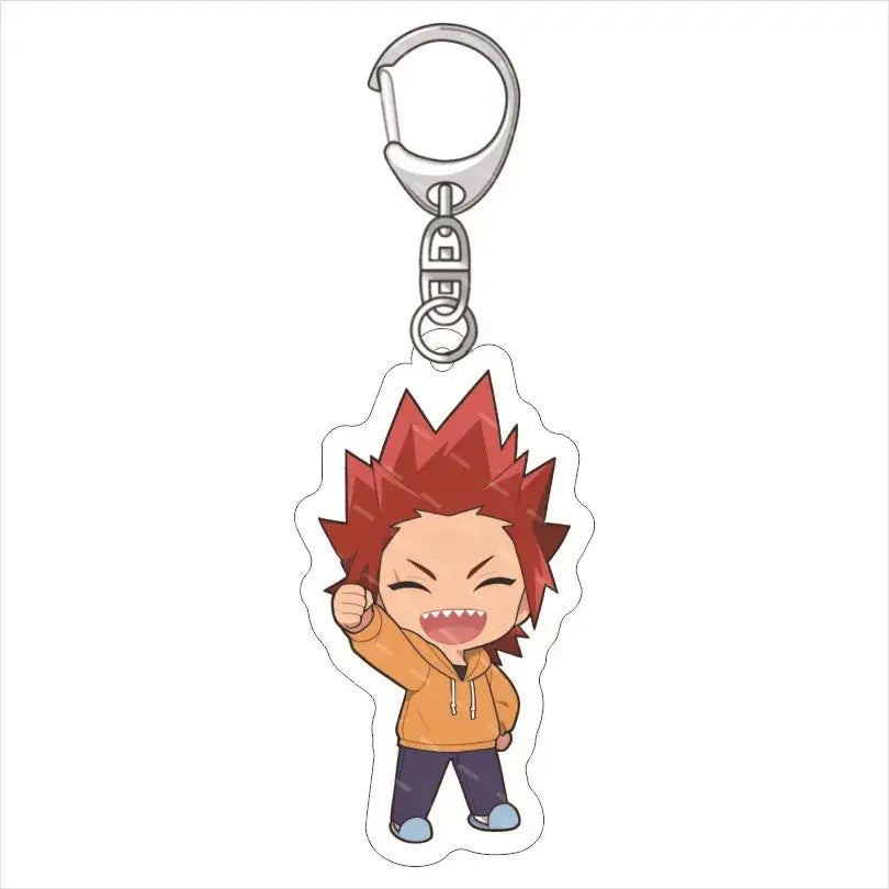 A vibrant red-haired hero academia acrylic keychain featuring deku in an orange hoodie with a silver metal clip