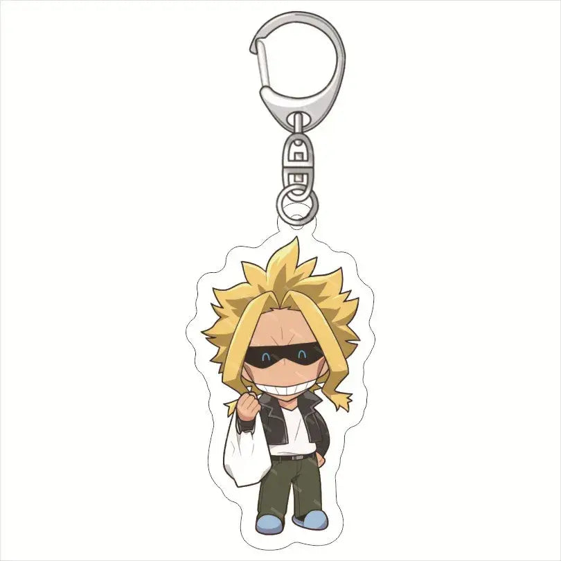 Translucent acrylic keychain featuring a chibi hero academia character with spiky blonde hair and black sunglasses