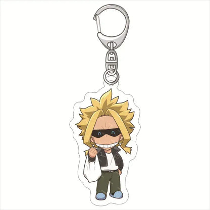 Translucent acrylic keychain featuring a chibi hero academia character with spiky blonde hair and black sunglasses