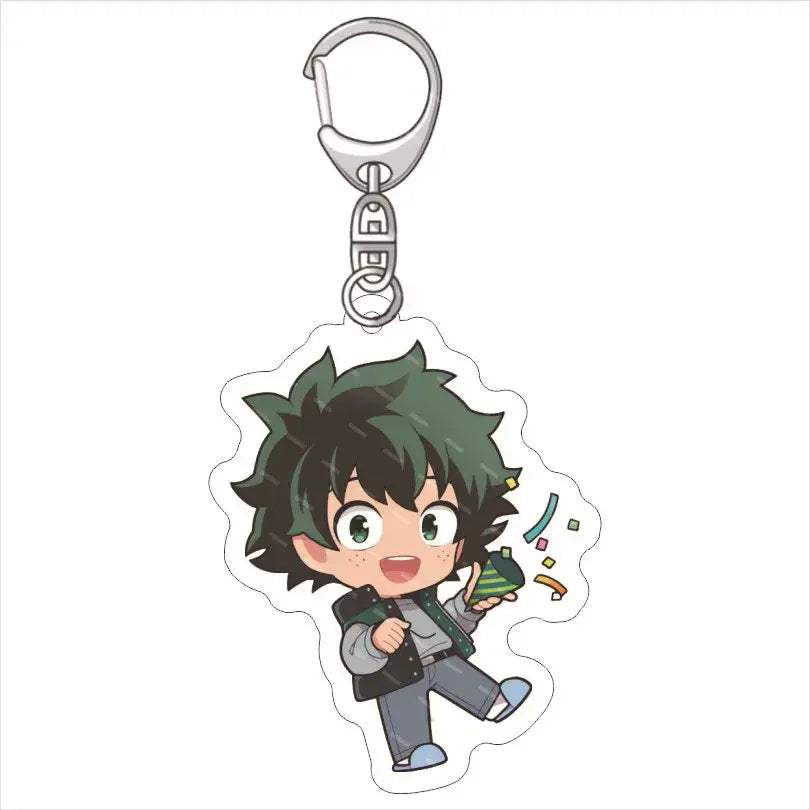 My hero academia deku acrylic keychain featuring a chibi green-haired character with clear acrylic body and silver clip