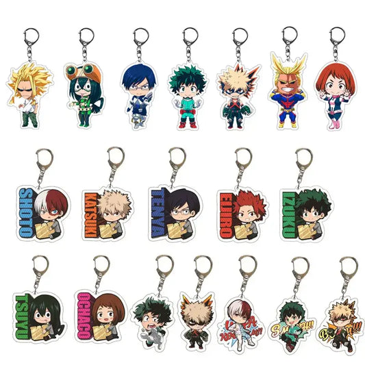 Set of colorful chibi-style my hero academia acrylic keychains with zinc alloy rings for cute bag charms