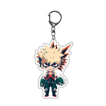 A chibi-style bakugo hero academia acrylic keychain with spiky blonde hair and a green zinc alloy bag charm