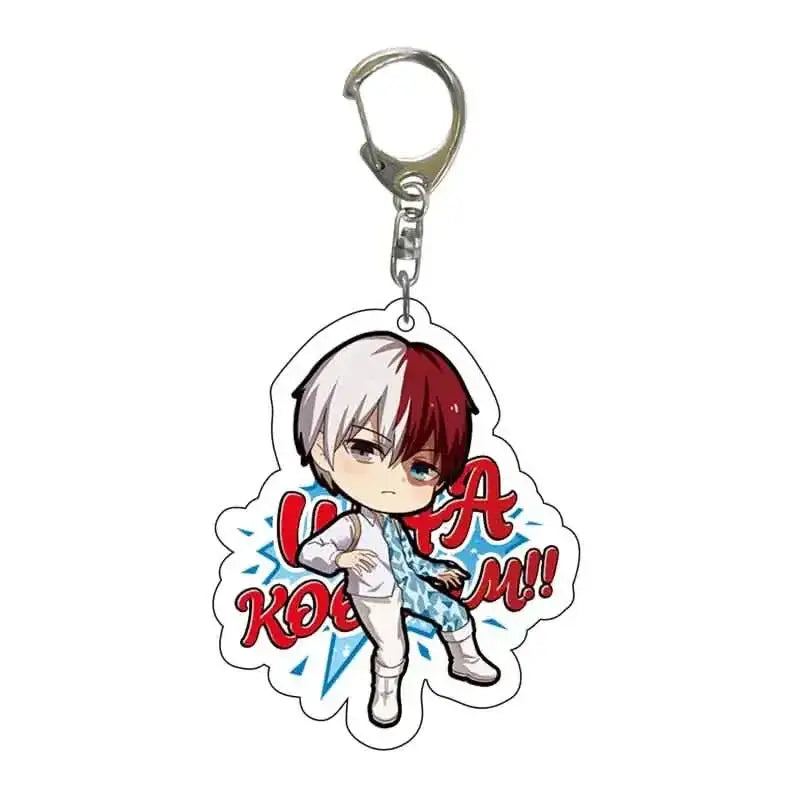 My hero academia acrylic keychain featuring a chibi character with red and white hair on a red koe text design zinc alloy charm