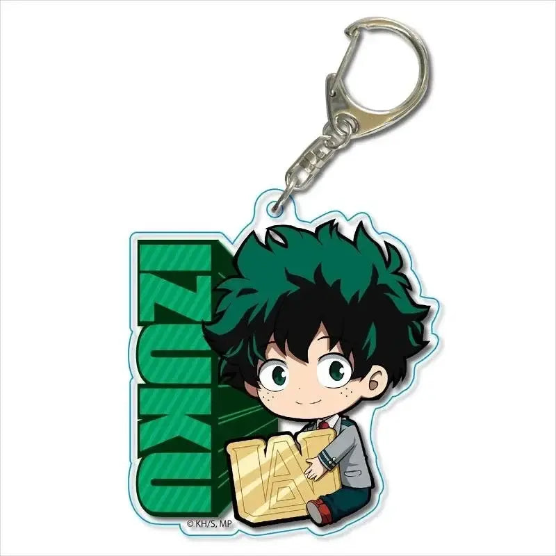 My hero academia dekku acrylic keychain with green hair, gold u.a. emblem, zinc alloy charm, and acrylic base bag accessory