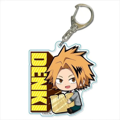 My hero academia acrylic keychain featuring chibi denki kaminari with spiky orange hair and zinc alloy golden a charm