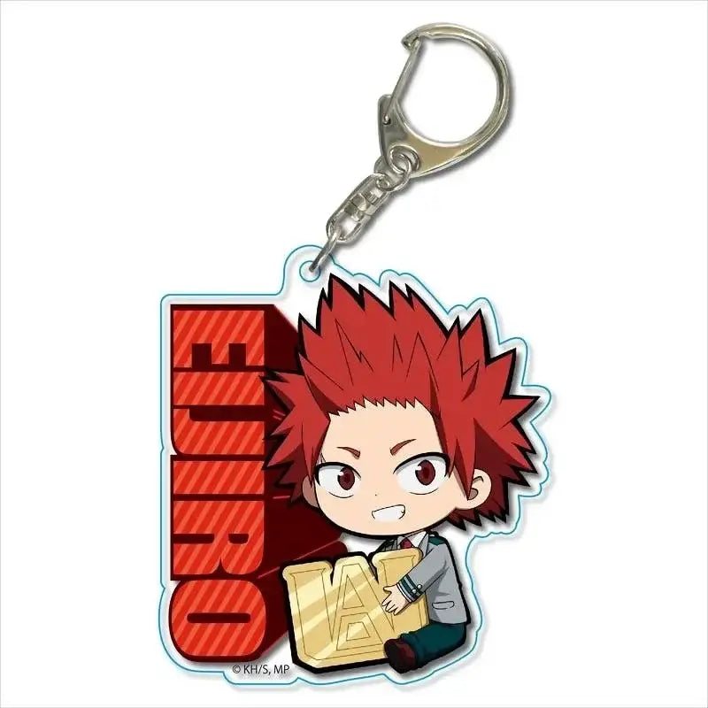My Hero Academia dekuchibi red-haired acrylic keychain with silver zinc alloy clip and bold red ejro lettering bag charm
