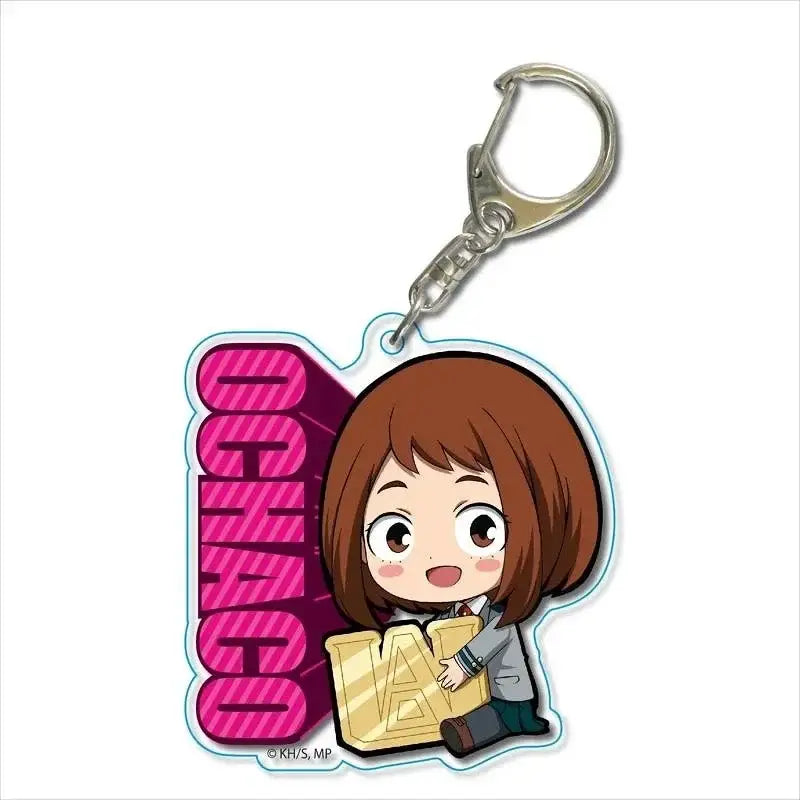 Pink and purple ochaco acrylic keychain featuring chibi brown hair character holding golden a letter zinc alloy hero academia charm