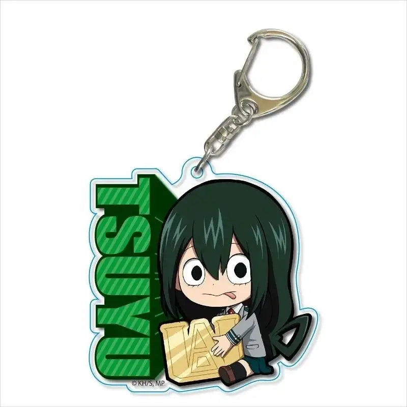 My Hero Academia Deku acrylic keychain features a green and gold chibi character with zinc alloy charm for bags