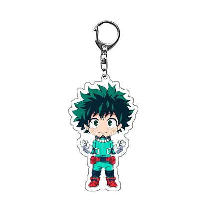 My Hero Academia acrylic keychain featuring a chibi Deku in teal and red zinc alloy bag charm