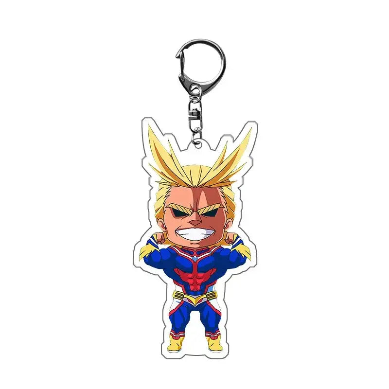Chibi-style all might hero academia acrylic keychain with spiky blonde hair and zinc alloy clip bag charm