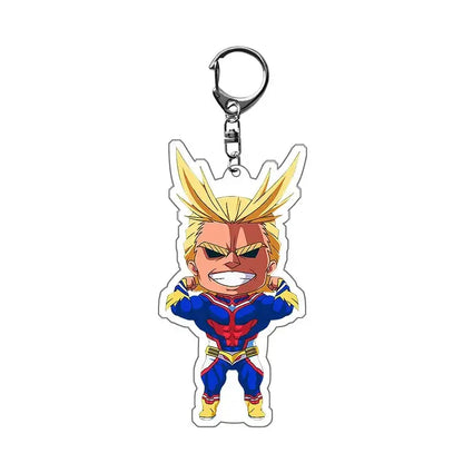 Chibi-style all might hero academia acrylic keychain with spiky blonde hair and zinc alloy clip bag charm