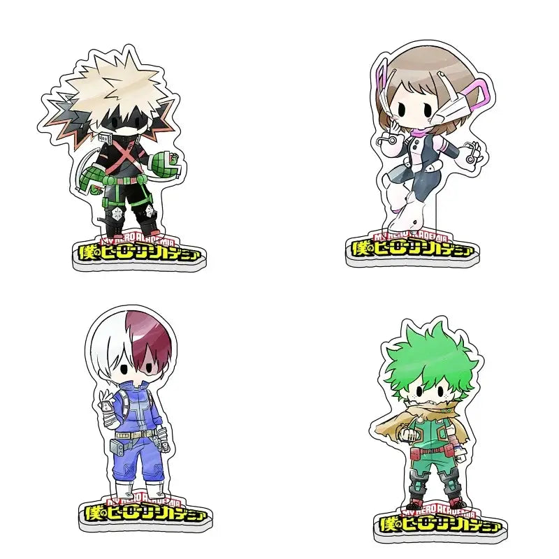 My hero academia deku acrylic standee featuring chibi-style characters with distinct color schemes and outfits