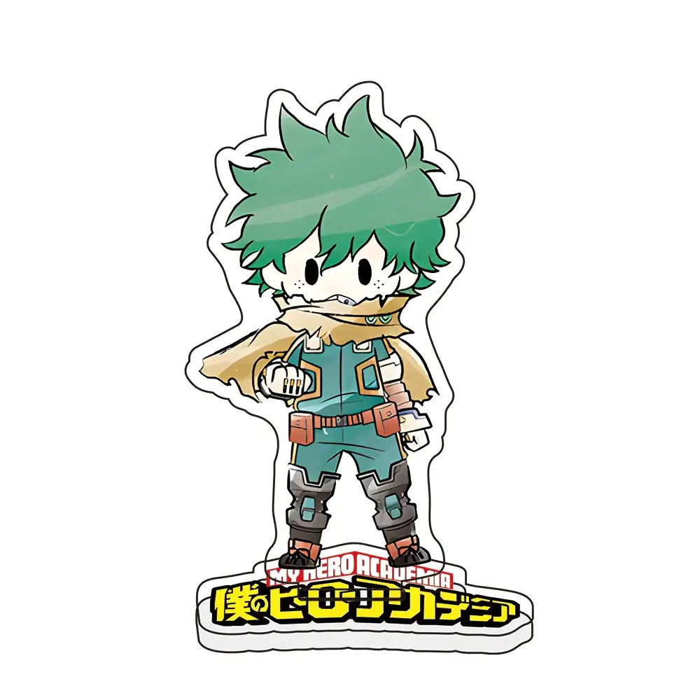My hero academia deku acrylic standee featuring chibi izu with green spiky hair and teal hero outfit