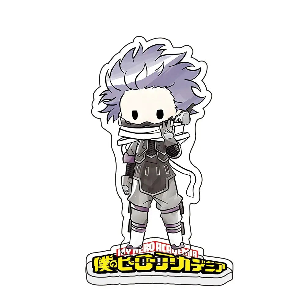 Chibi style hero academia acrylic standee of spiky silver haired character in gray and black tactical gear