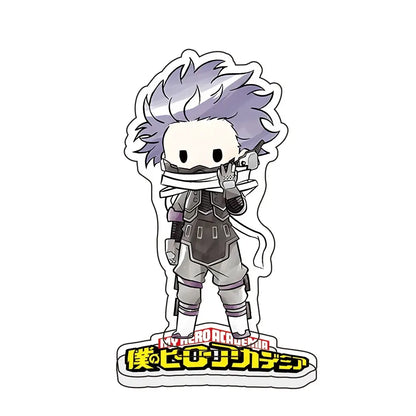 Chibi style hero academia acrylic standee of spiky silver haired character in gray and black tactical gear