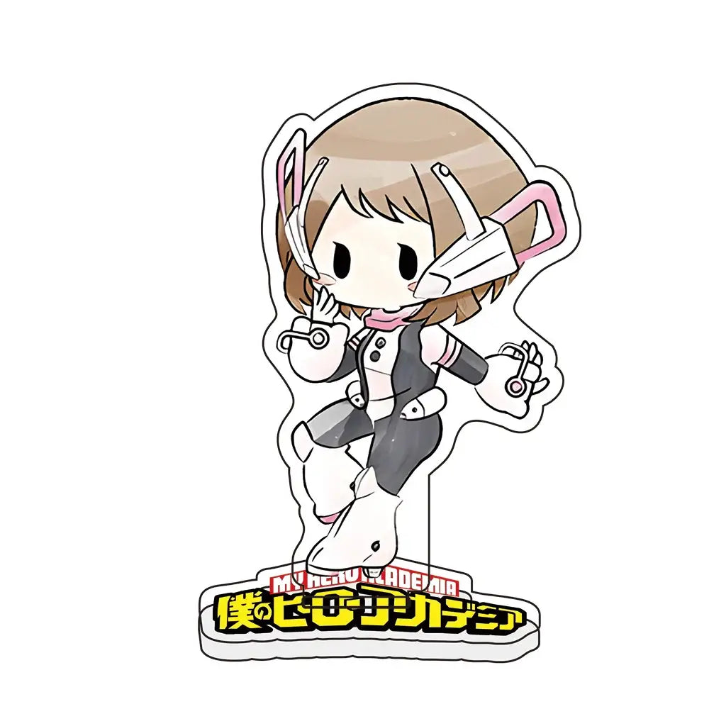 Chibi-style hero academia acrylic standee featuring Deku in brown hair and white gray hero suit with pink accents