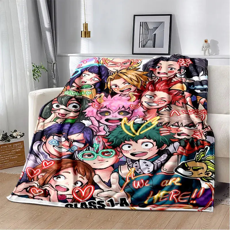 A vibrant plush my hero academia flannel blanket featuring colorful class 1-a characters in various poses and expressions