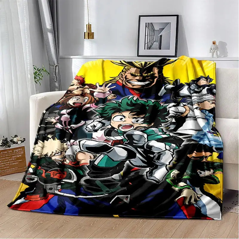 Vibrant hero academia dekus and bakugos colorful anime characters on a soft plush flannel blanket throw