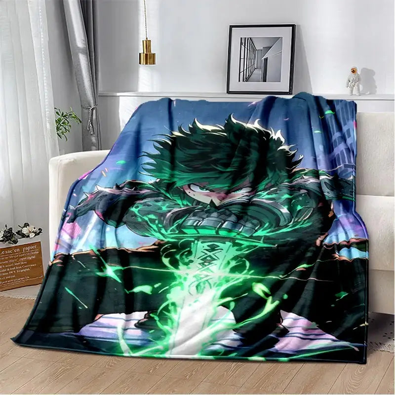 A plush navy-blue my hero academia deku bakugo flannel blanket with vibrant anime character and glowing green energy effects