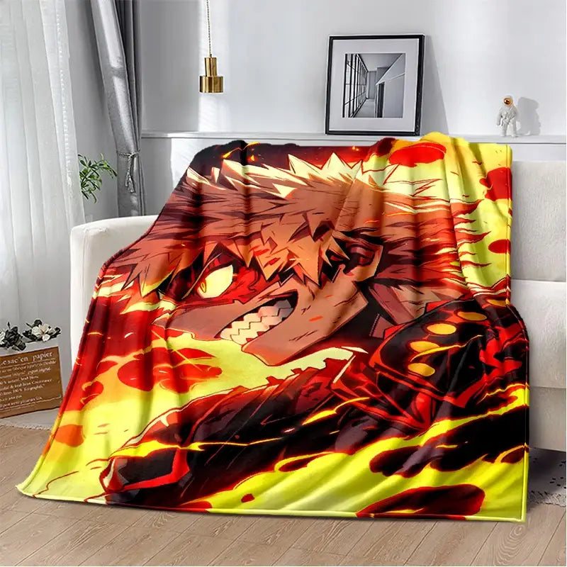 Vibrant red and yellow flame-themed soft flannel blanket featuring hero academia deku and bakugo with intense expression