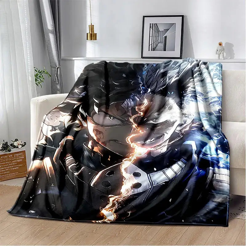 Black and blue hero academia Deku and Bakugo flannel blanket with detailed Izuku Midoriya glowing energy print