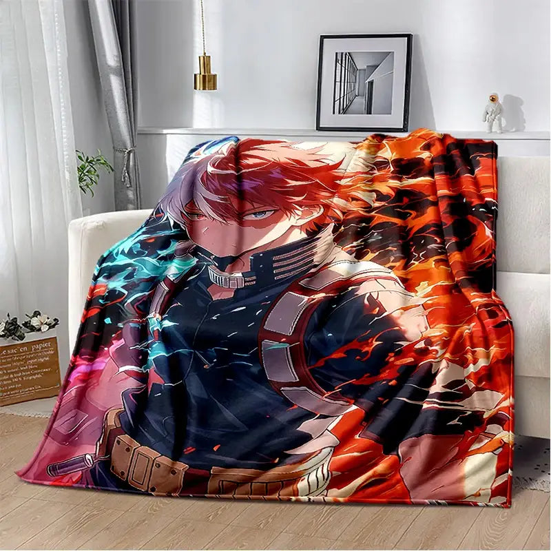Soft flannel throw blanket with vibrant red and orange flames featuring hero academia deku bakugo anime characters