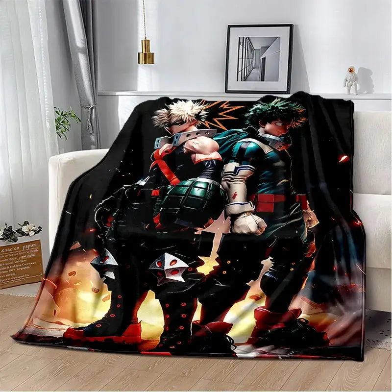 Black plush flannel blanket featuring vibrant hero academia deku and bakugo in dynamic combat poses design