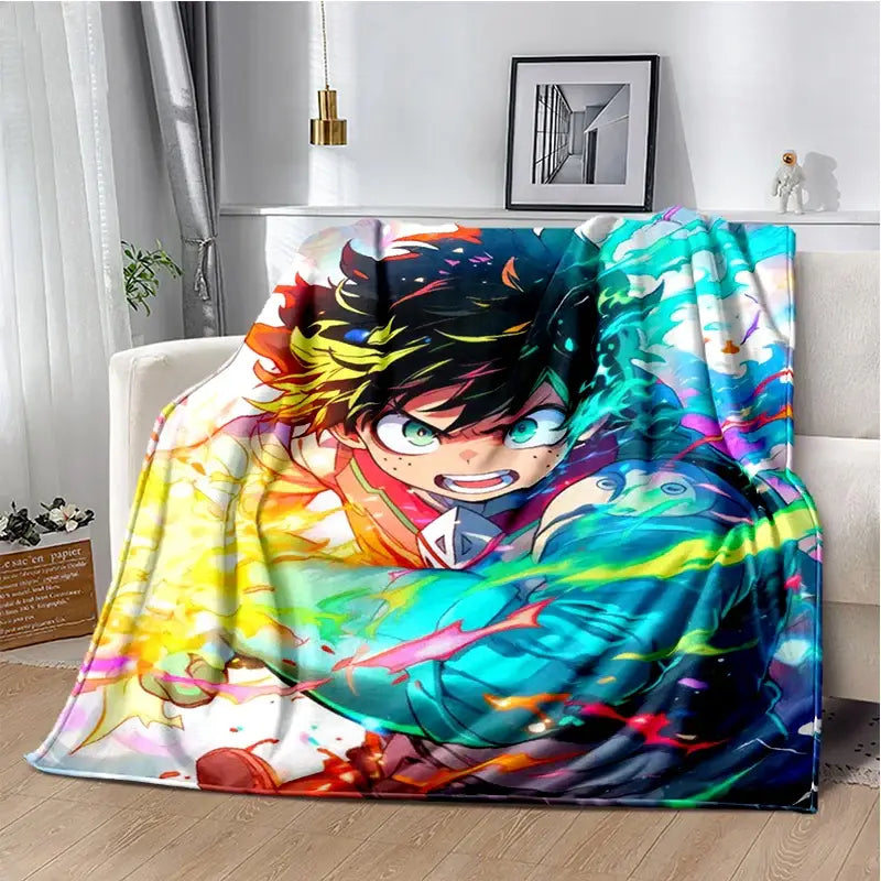 Vibrant multicolored my hero academia deku and bakugo flannel blanket featuring detailed anime artwork and soft material