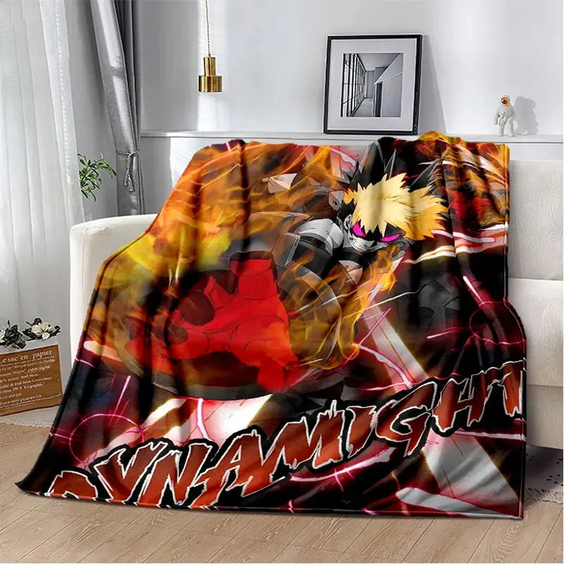Vibrant orange and black hero academia deku bakugo flannel blanket with spiky blonde hair character and fiery effects