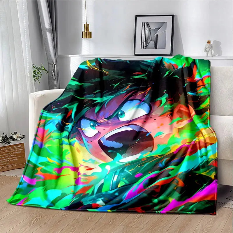 Vibrant multicolored my hero academia flannel blanket featuring deku and bakugo with glowing eyes on soft throw