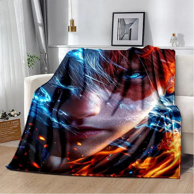 Vibrant hero academia dek u and bakugo flannel blanket with electric blue and orange flames soft throw design