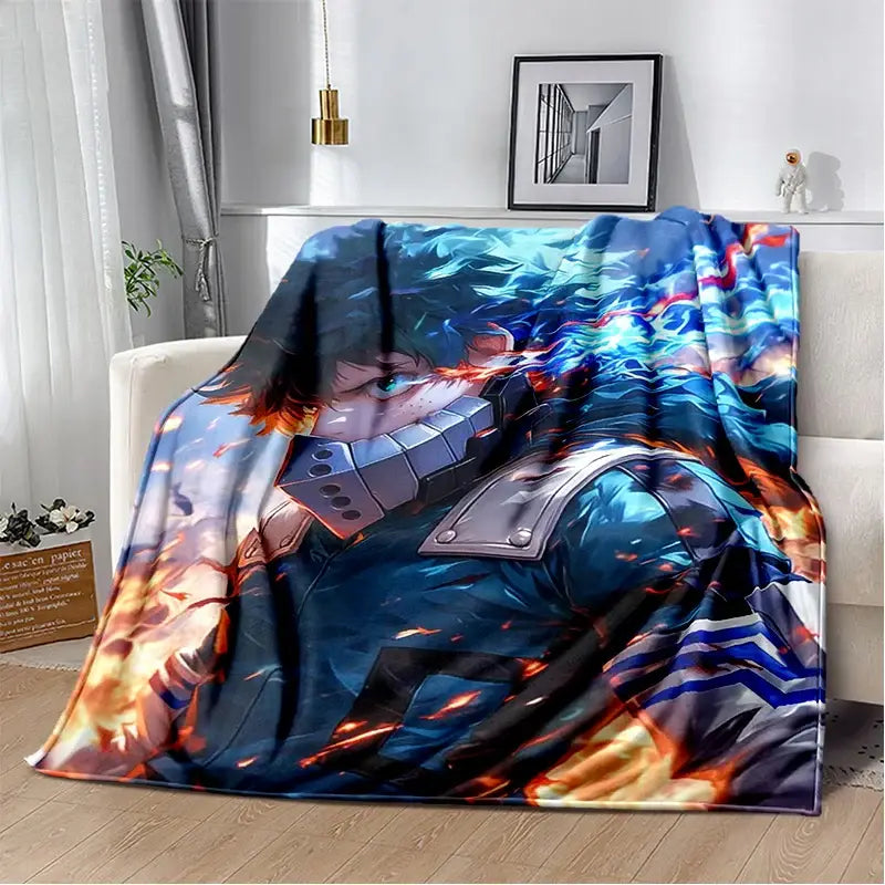 Vibrant blue and orange hero academia deku bakugo flannel blanket with fiery detailed character design soft throw