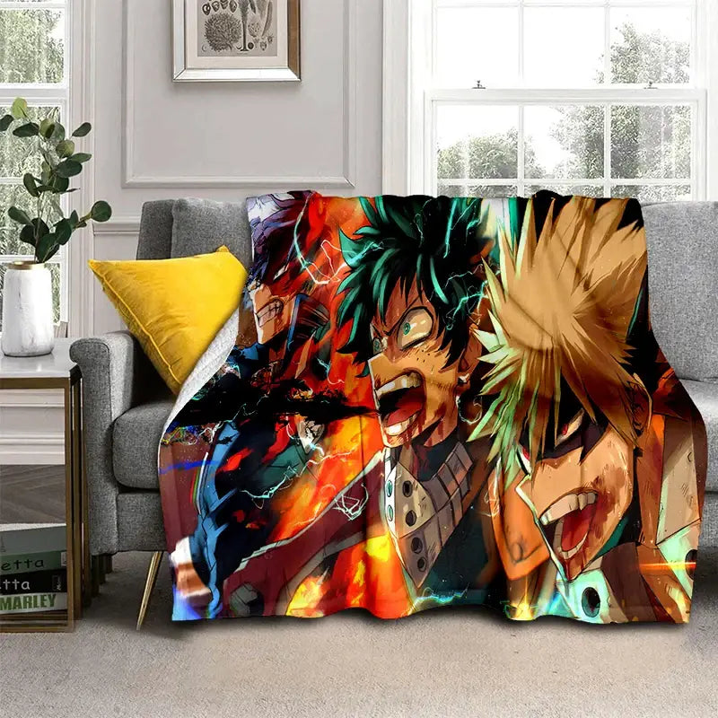 Vibrant my hero academia deku and bakugo flannel blanket with bold fiery colors and detailed anime artwork