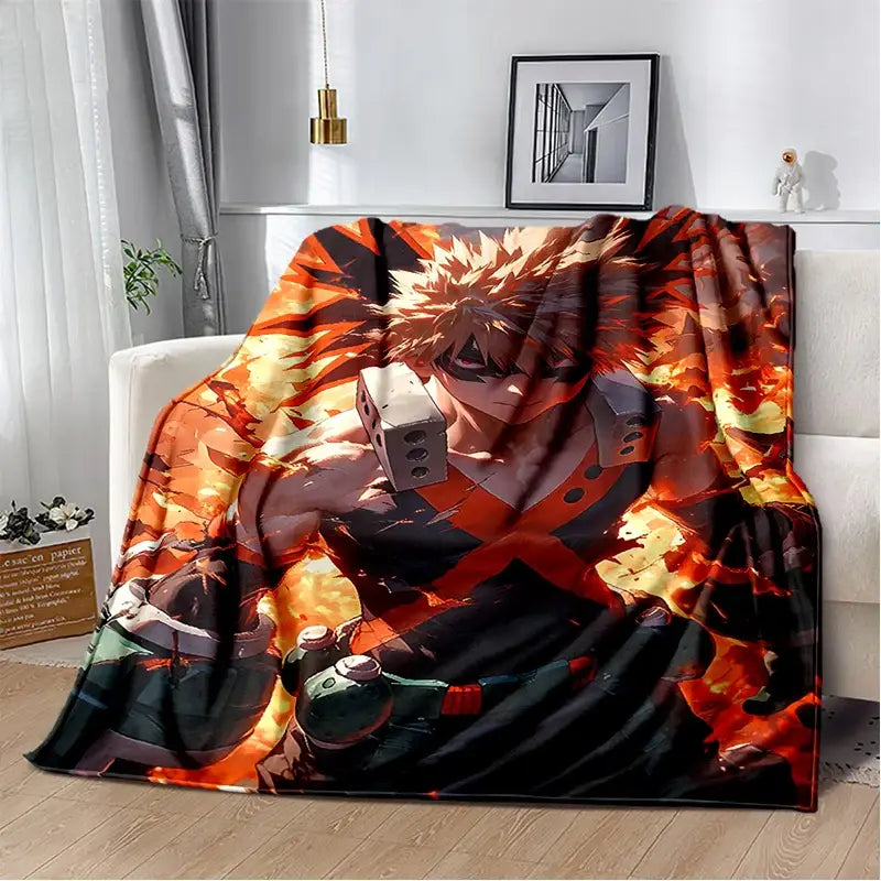 A vibrant orange and black my hero academia soft flannel blanket featuring izuku midoriya surrounded by fiery flames