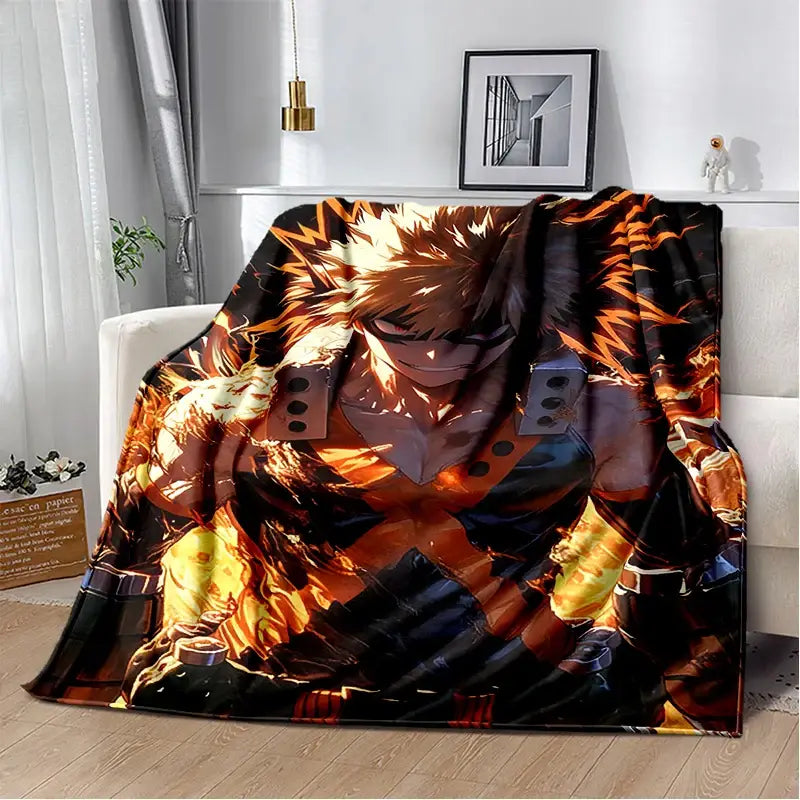 My hero academia deku bakugo flannel blanket with soft throw fabric and flame pattern featuring anime character