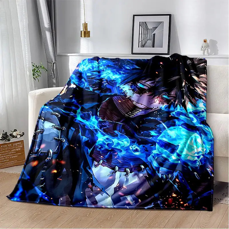 Blue and black hero academia deku bakugo flannel blanket with glowing energy effects soft throw for fans
