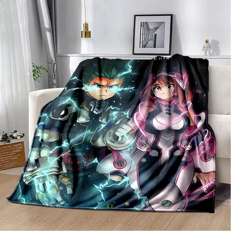 Cozy plush my hero academia flannel blanket featuring izuku midoriya with blue lightning and momo yaoyorozu on dark background
