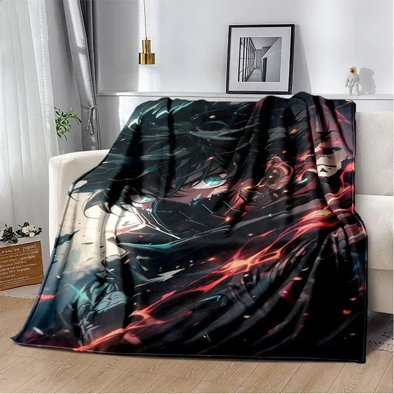 Black and red hero academia flannel blanket featuring deku and bakugo with glowing eyes and fiery streaks