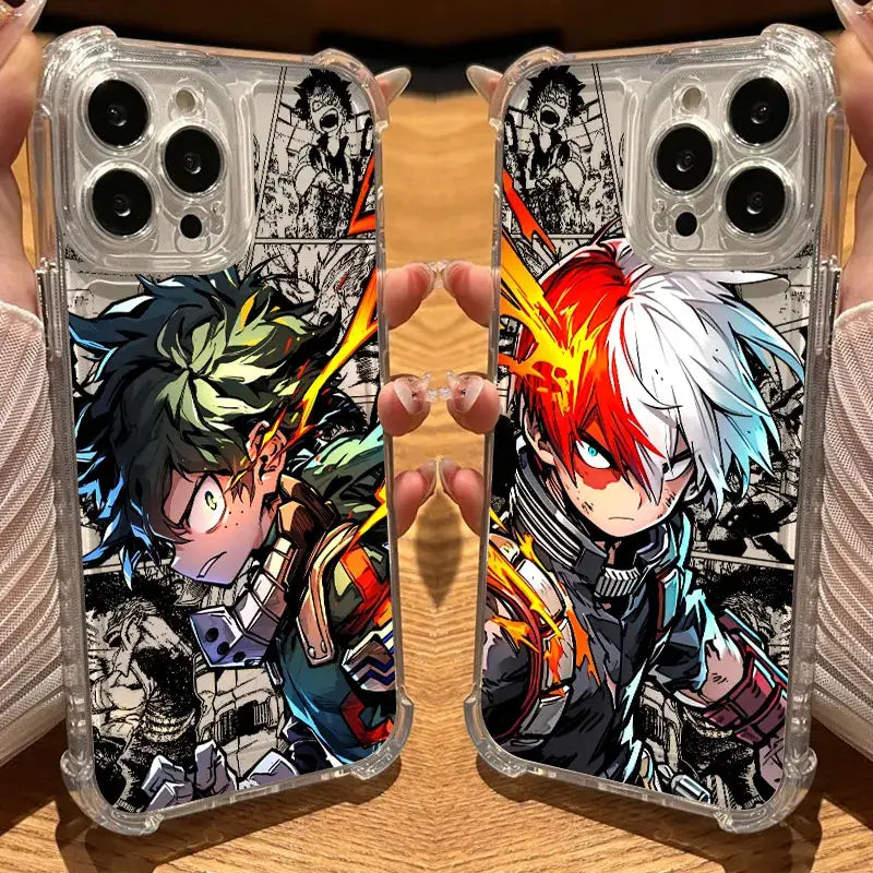Clear hero academia deku phone cases with vibrant green black and red white hair anime characters shockproof tpu