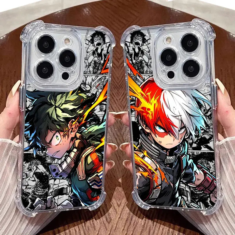 My hero academia deku clear phone case with shockproof tpu features vibrant green blue and red white hair anime characters