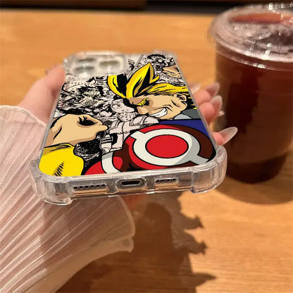 Back view of a hero academia deku clear phone case with shockproof tpu and vibrant comic-style yellow hair design