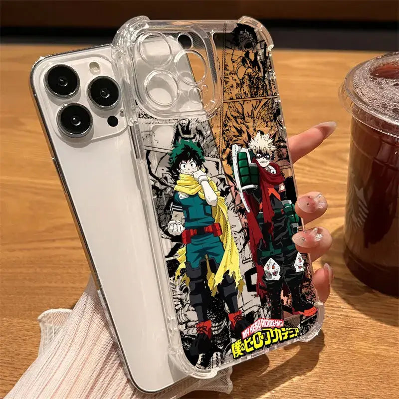 Clear shockproof tpu phone case featuring vibrant hero academia deku characters on a transparent background back side view
