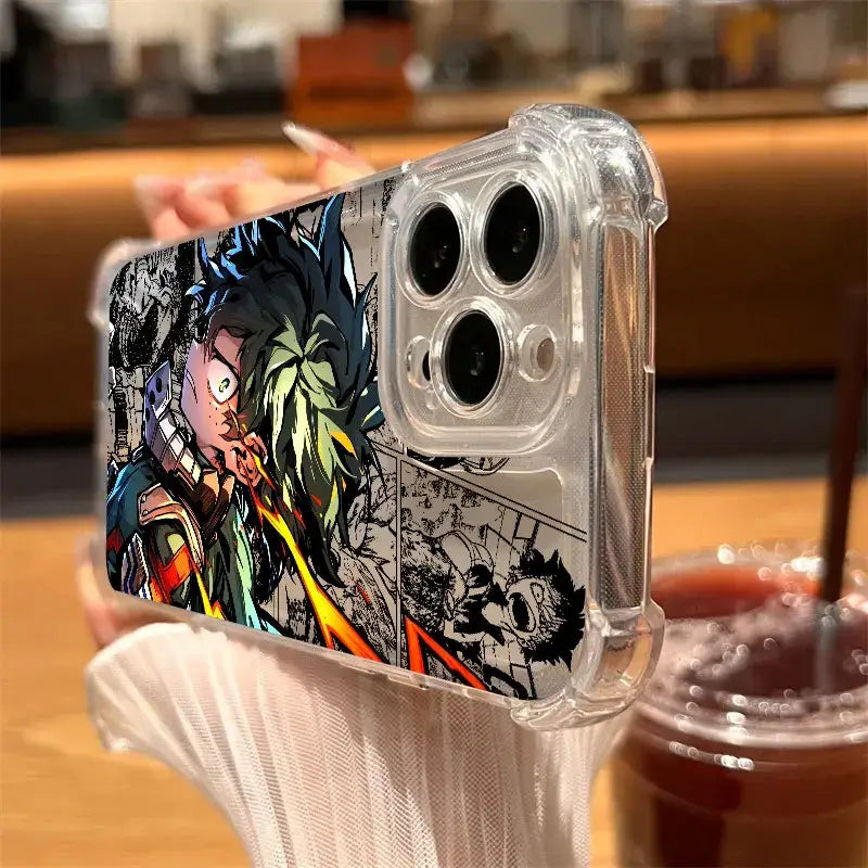 Back of a hero academia deku clear phone case with vibrant anime illustration on shockproof tpu material