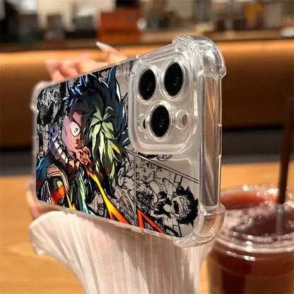 Back of a hero academia deku clear phone case with vibrant anime illustration on shockproof tpu material