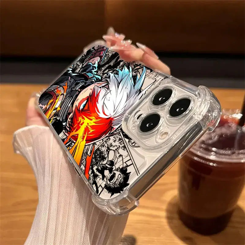 Back view of hero academia deku clear phone case with shockproof tpu and fiery red anime character design