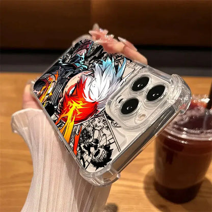 Back view of hero academia deku clear phone case with shockproof tpu and fiery red anime character design