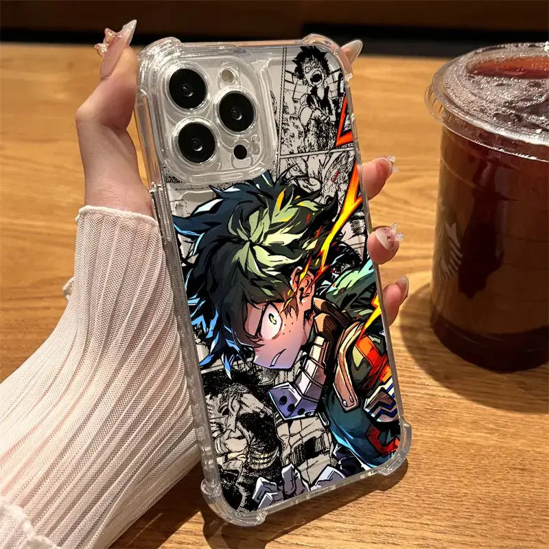 Clear hero academia deku phone case with vibrant illustration on shockproof tpu for dynamic protection