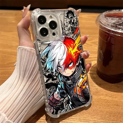 Back side of hero academia deku clear phone case featuring vibrant anime character on black and white comic background